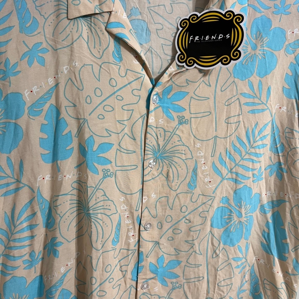Friends Button Down Shirt Mens 2XL Tan Blue‎ Tropical Floral Hibiscus NWT 90s - Picture 3 of 7